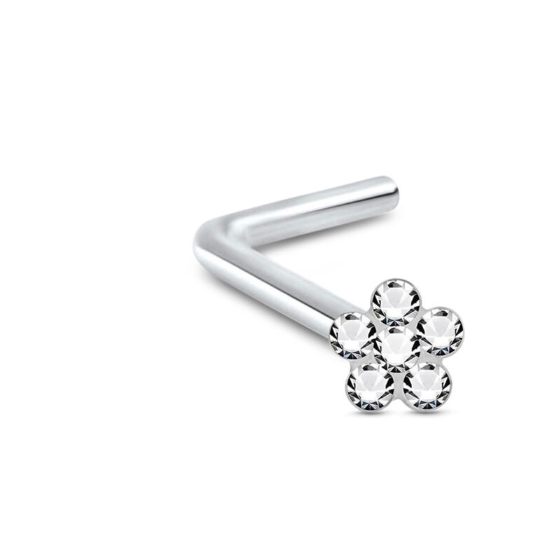 sterling silver L Bend nose stud featuring a Flower design with Aurora Stones