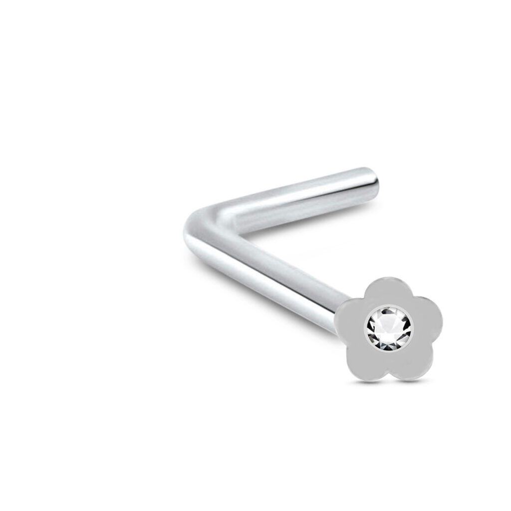 sterling silver lbend nose stud featuring a flower design with a clear center stone