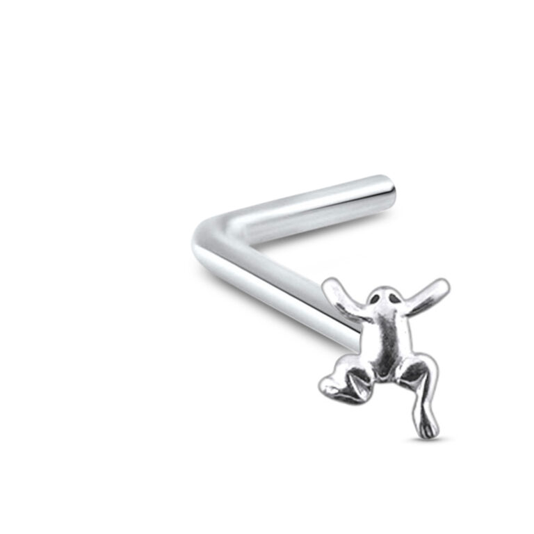 sterling silver lbend nose stud featuring a frog design