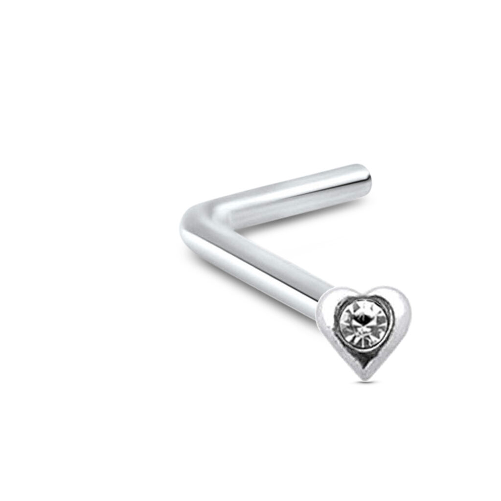 sterling silver lbend nose stud featuring a heart design with a clear center stone