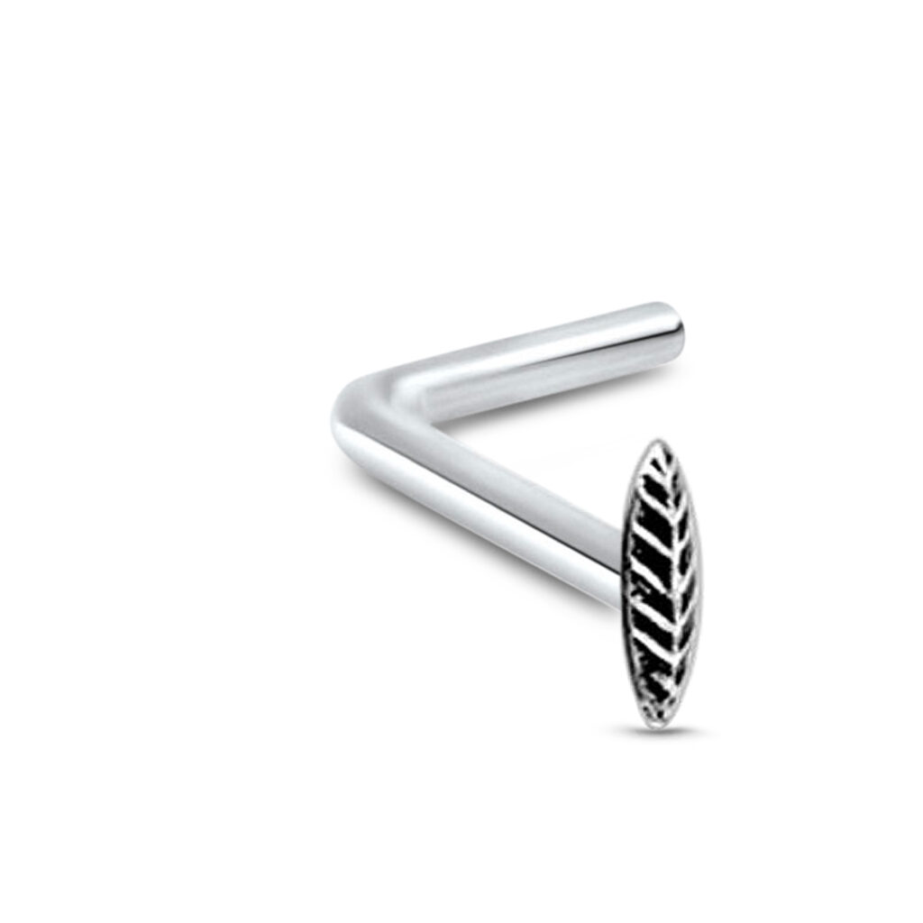 sterling silver lbend nose stud featuring a leaf design