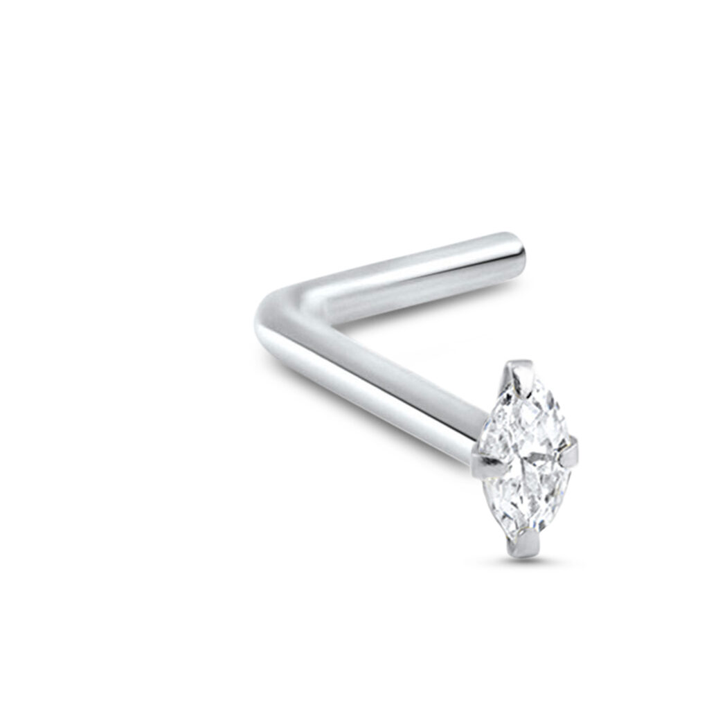 sterling silver lbend nose stud featuring a marquise design with a clear stone