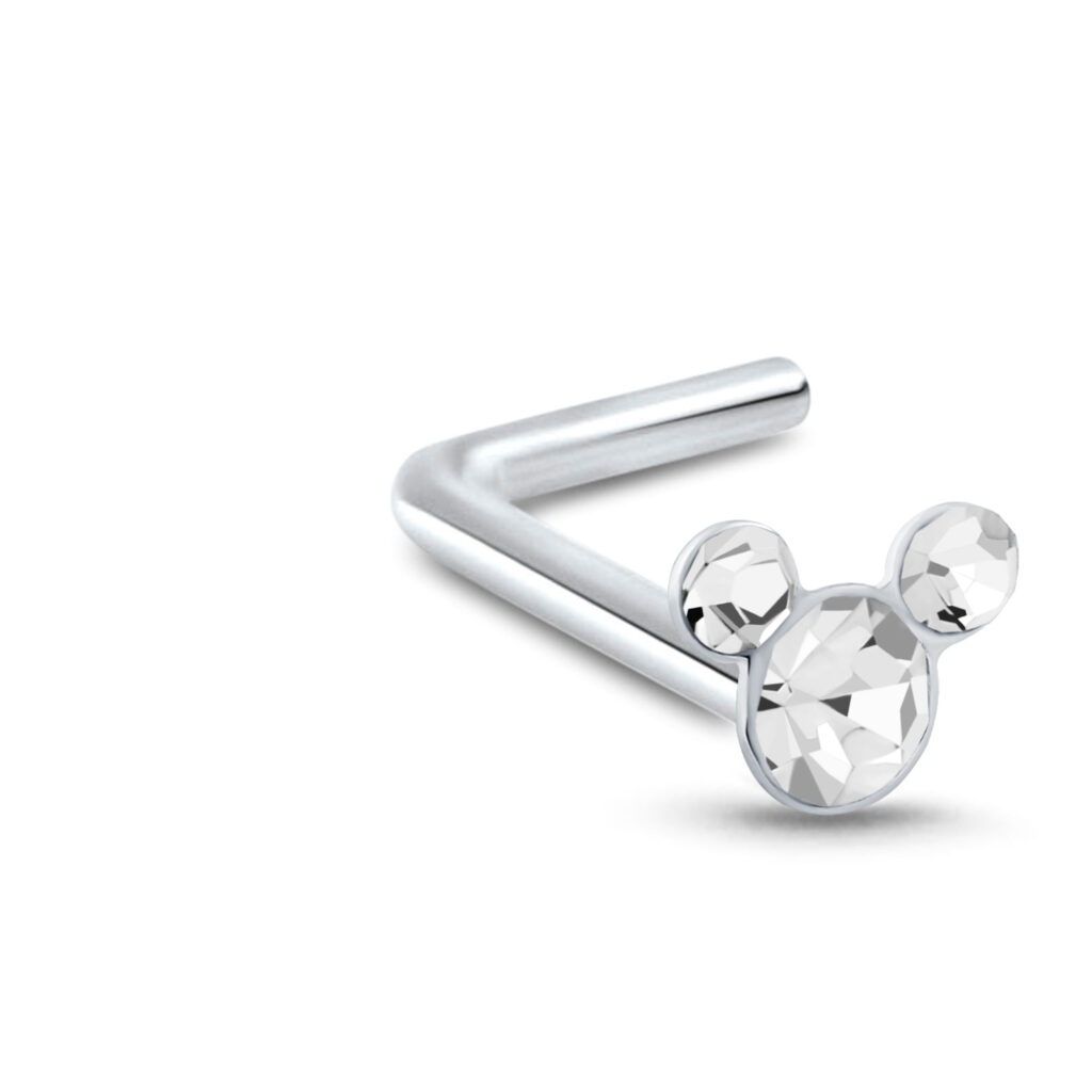 sterling silver lbend nose stud featuring a 3mm clear mickey mouse design