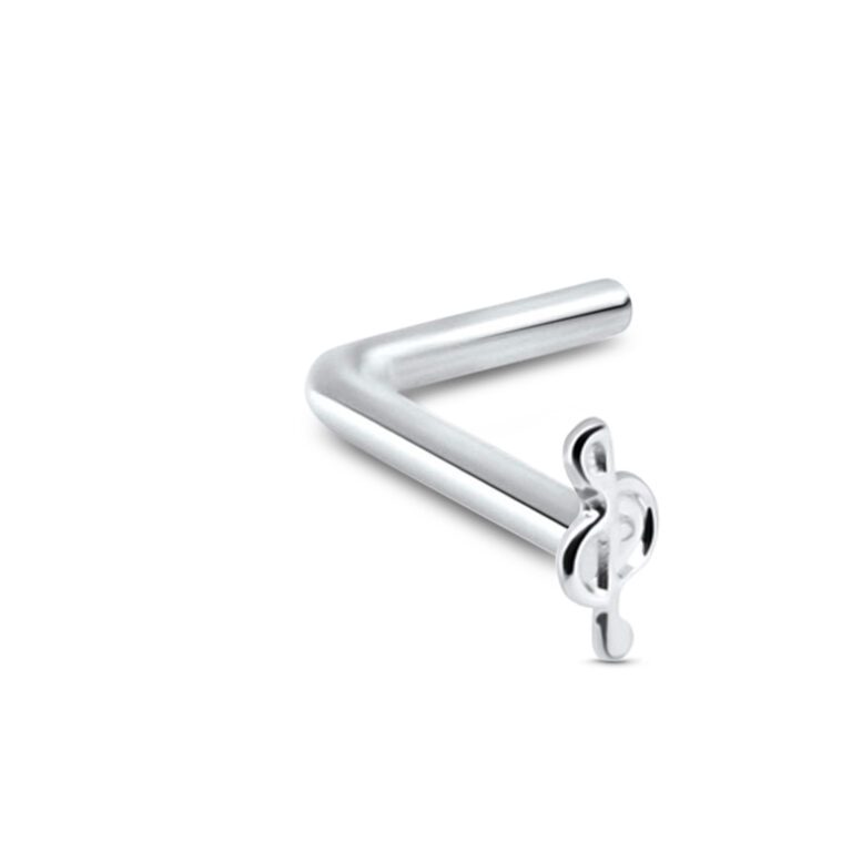 sterling silver lbend nose stud featuring a music note design