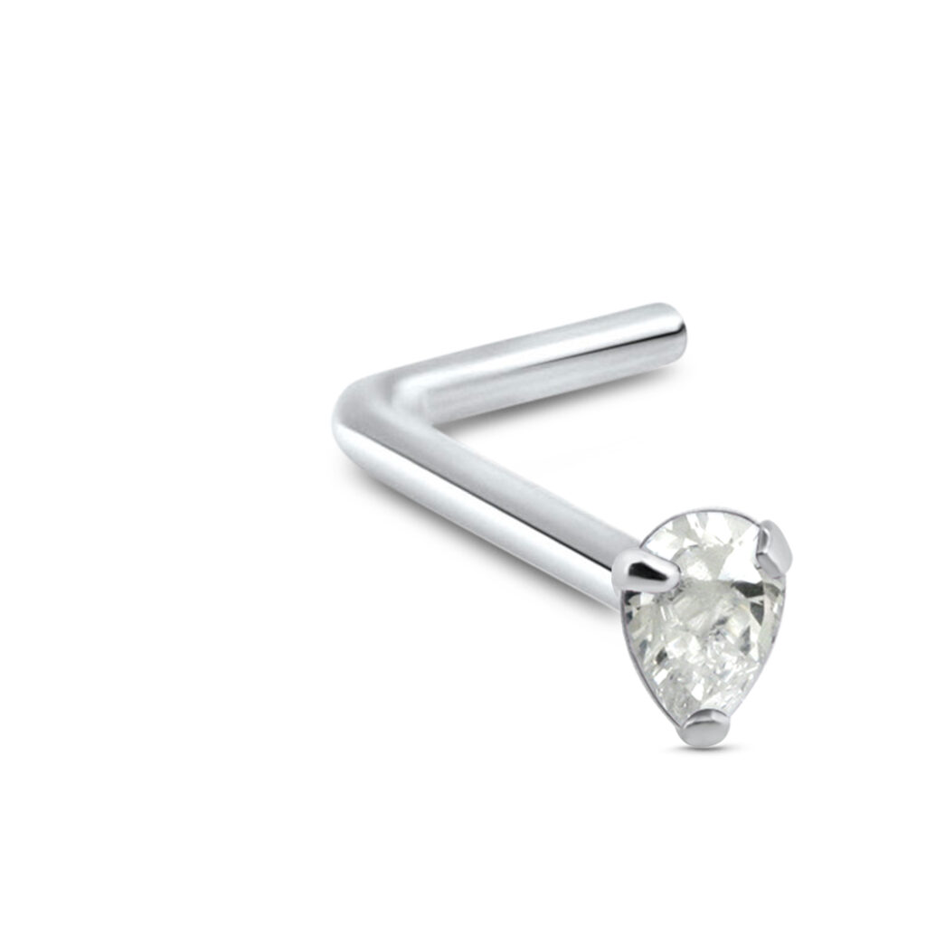 sterling silver lbend nose stud featuring a pear shaped design with a clear stone