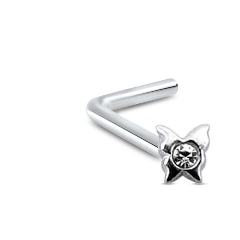 sterling silver lbend nose stud featuring a butterfly design with a clear center stone