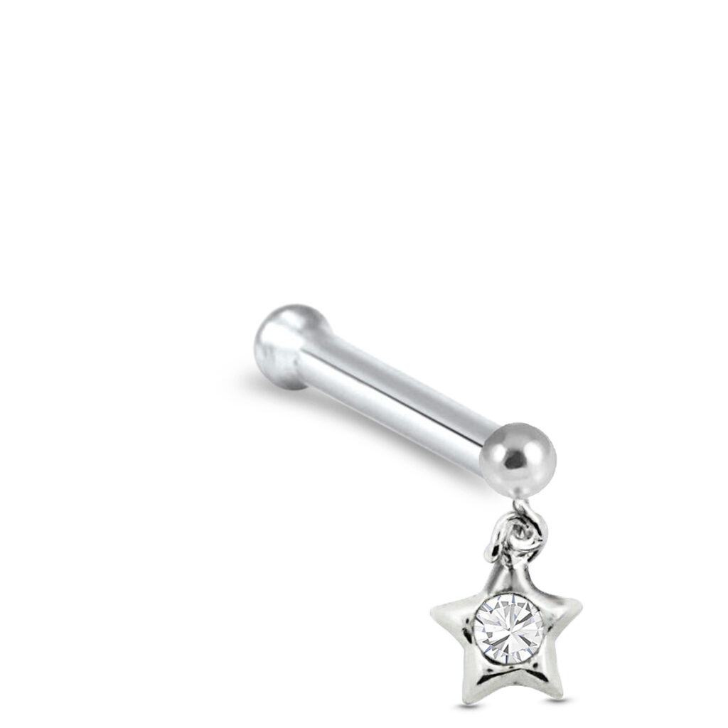 sterling silver nose bone stud featuring a dangle star design with a clear stone