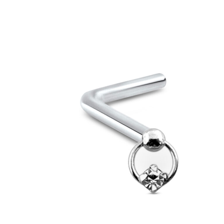 sterling silver lbend nose stud featuring a hoop design with a prong set clear cz dangle design