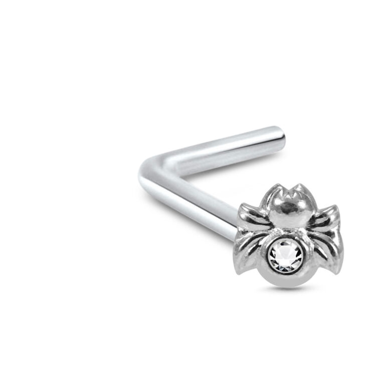 sterling silver lbend nose stud featuring a spider design with a clear stone