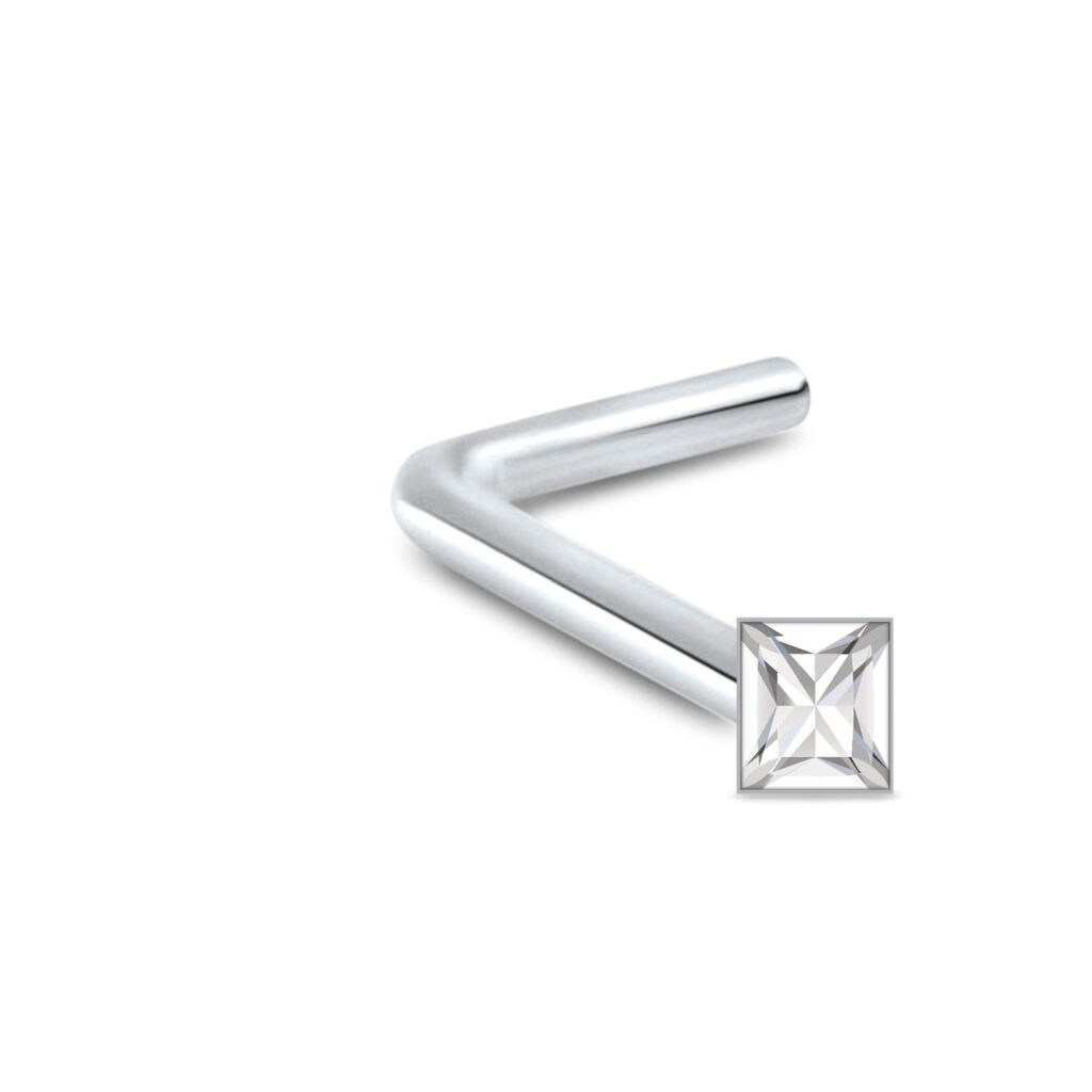 sterling silver lbend nose stud featuring a 2mm square clear gem