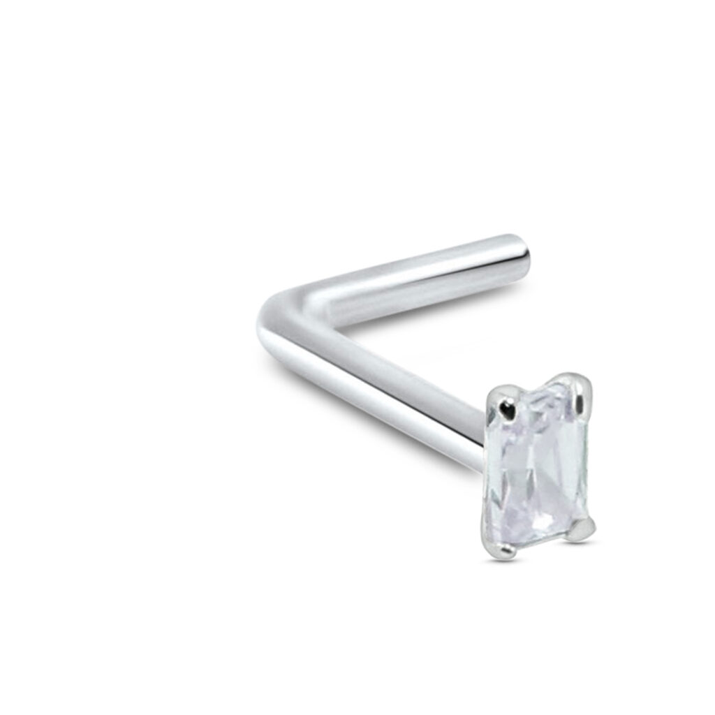 sterling silver lbend nose stud featuring a clear rectangle design