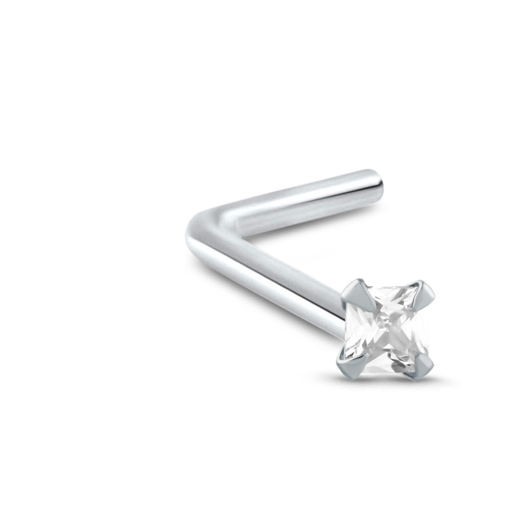 sterling silver L Bend nose stud featuring a Clear Square design