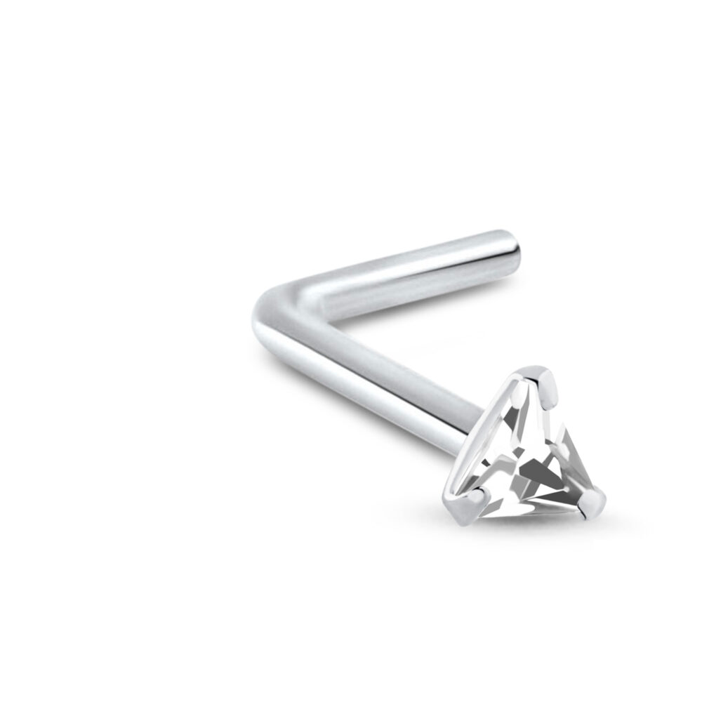 sterling silver lbend nose stud featuring a triangle design with a clear stone