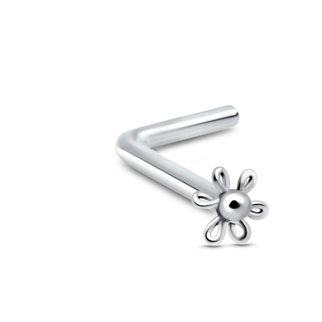 sterling silver lbend nose stud featuring a coiled flower design