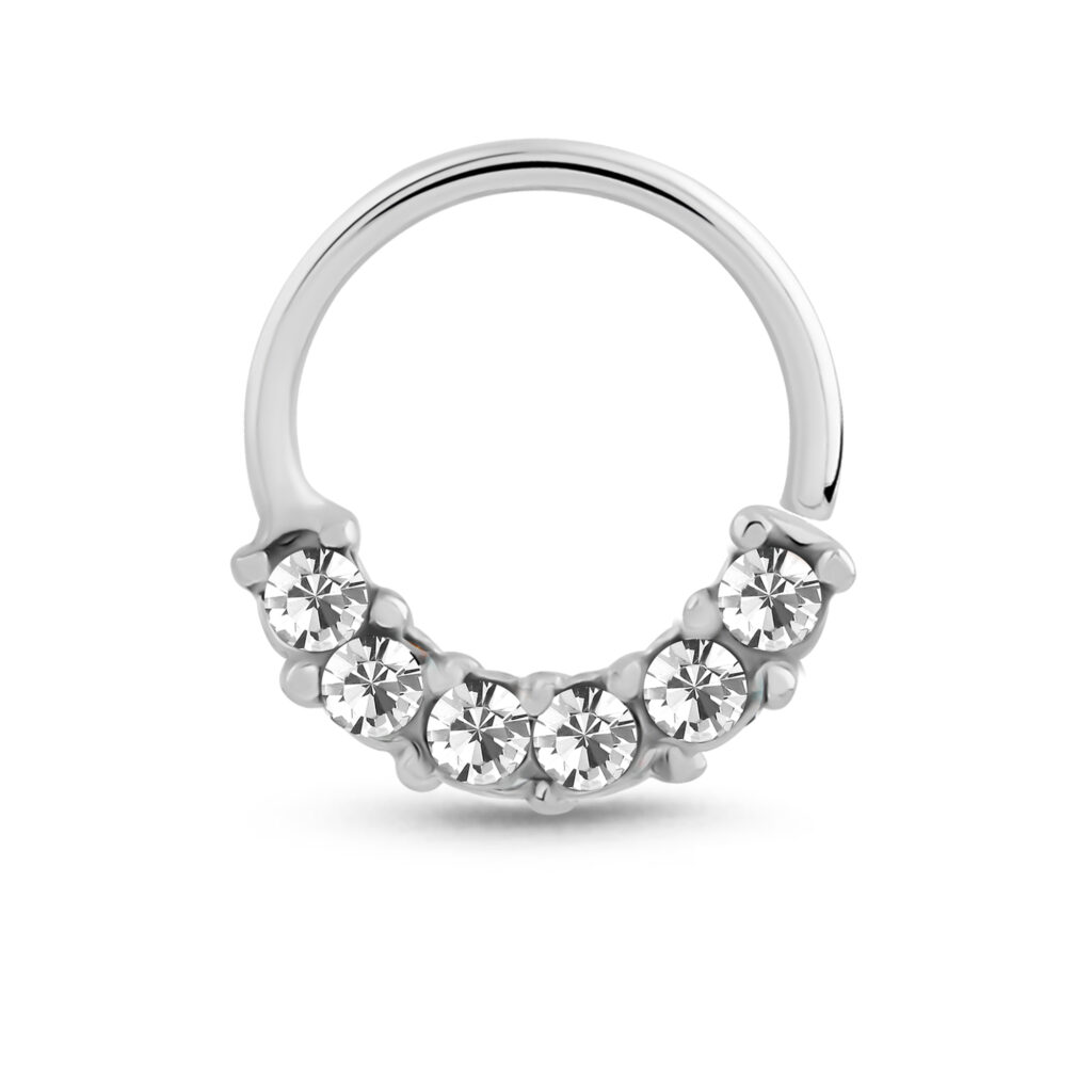 sterling silver seamless nose ring hoop featuring six clear stones