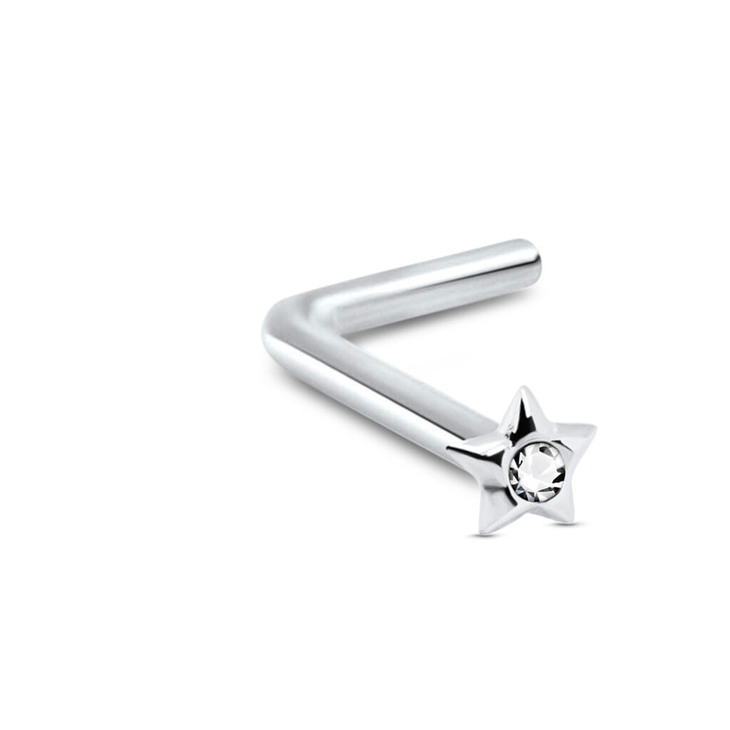 sterling silver lbend nose stud featuring a star design with a clear stone