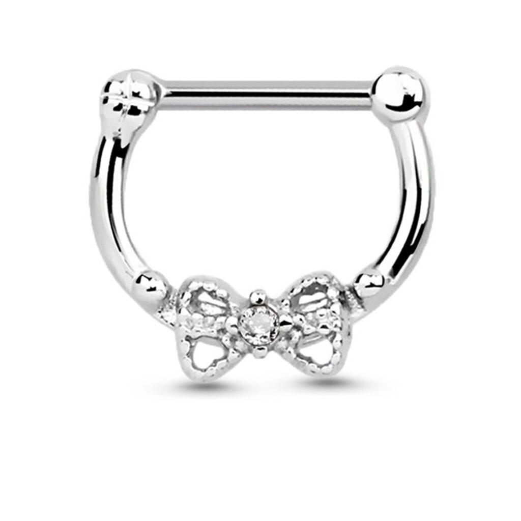 surgical steel post hinged clicker hoop featuring a sterling silver bow design with a clear stone