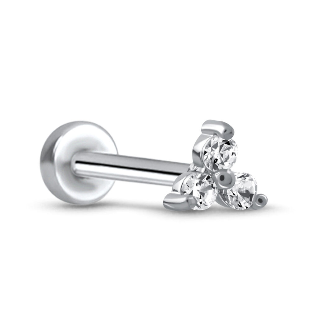 surgical steel screw style labret stud featuring a trinity design