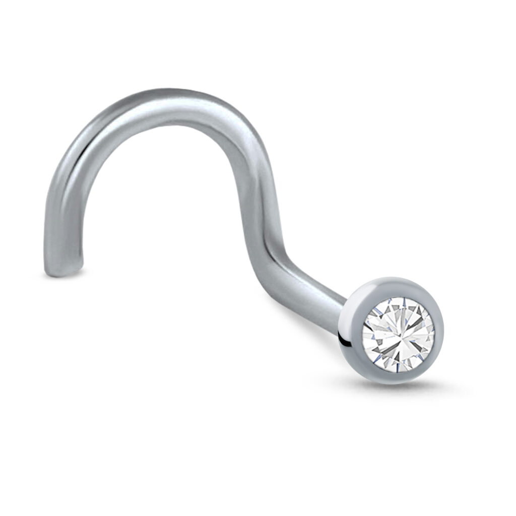 surgical steel right nostril screw nose stud featuring a pressfit 2.5mm bezel set design with a 2mm clear stone