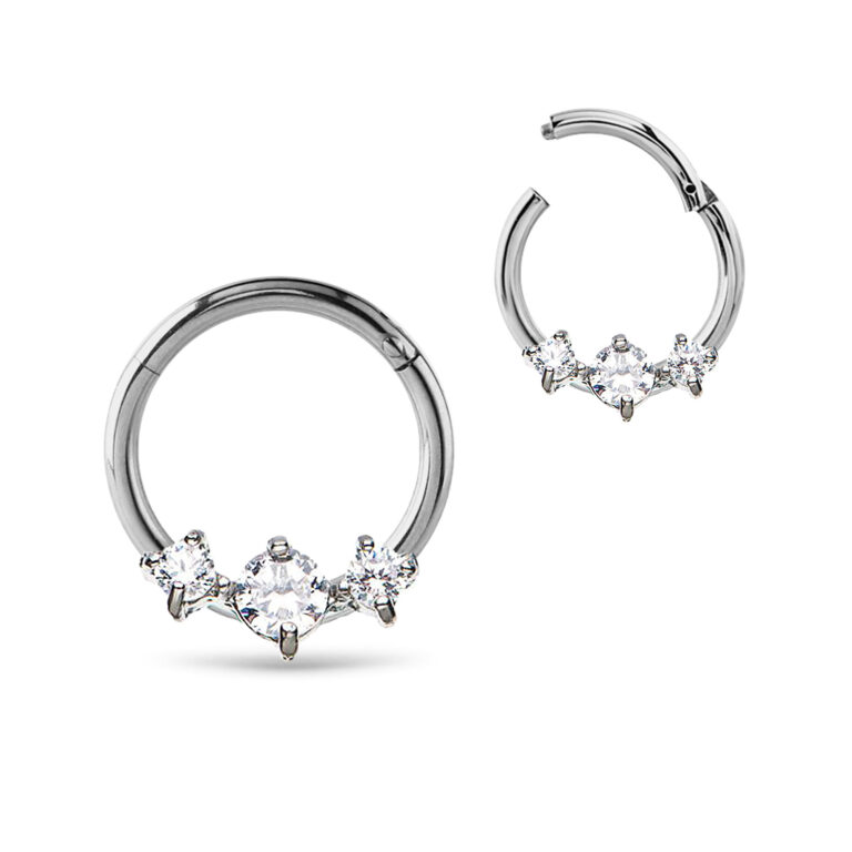 surgical steel hinged clicker hoop with 3 clear cz stones showing the ring closed and open