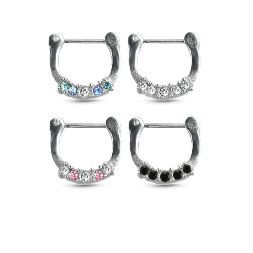 4 pack of surgical steel septum clicker hoops featuring 4 stones in clear, pink and clear, aqua and clear and black