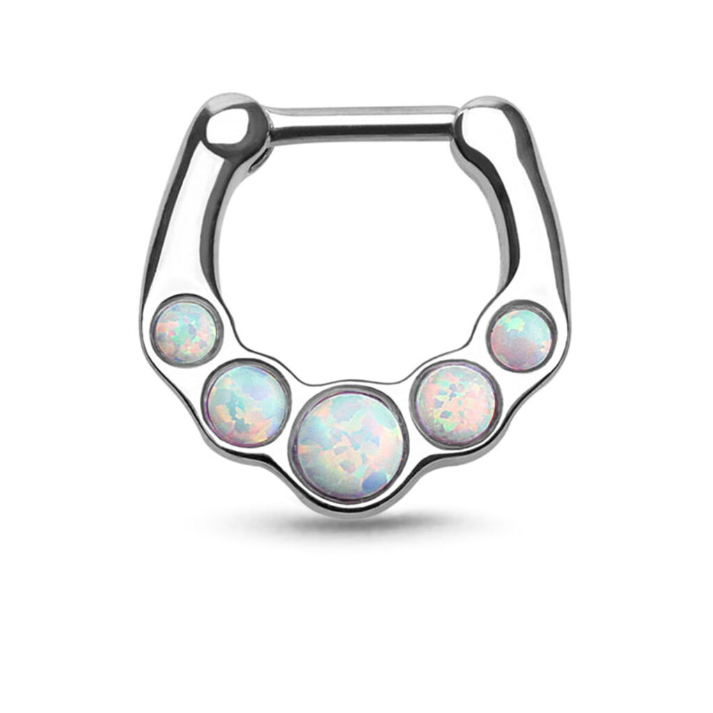 surgical steel hinged clicker hoop featuring 5 faux white opal stones