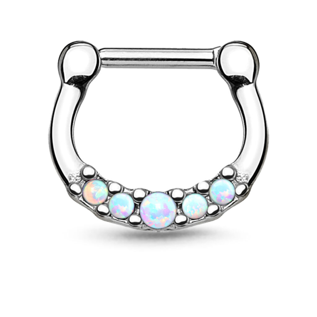 surgical steel hinged septum clicker with 5 faux white opal stones