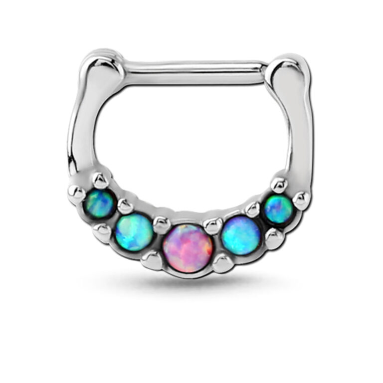 surgical steel hinged septum clicker with 5 faux opal stones, 4 blue and a pink center