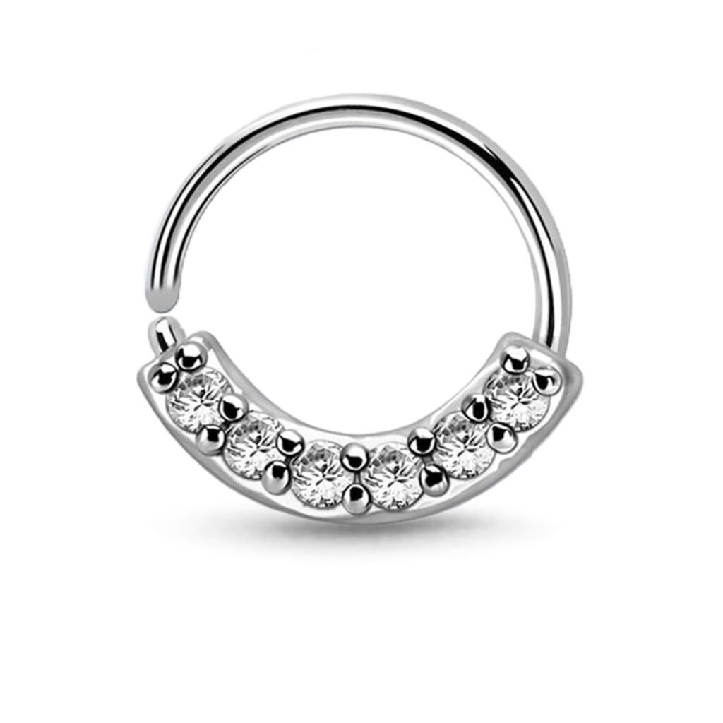 surgical steel nose hoop featuring 6 clear cz stones