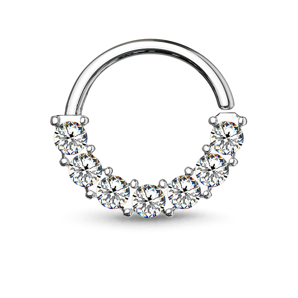 surgical steel nose hoop featuring 7 clear cz stones