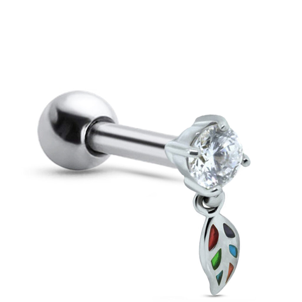 surgical steel ear cartilage stud featuring a clear stone and mosaic leaf dangle design