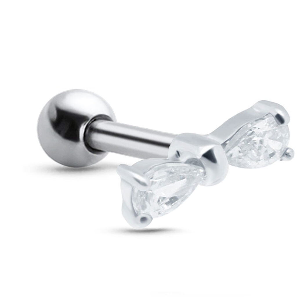 surgical steel ear cartilage stud featuring a clear bow design