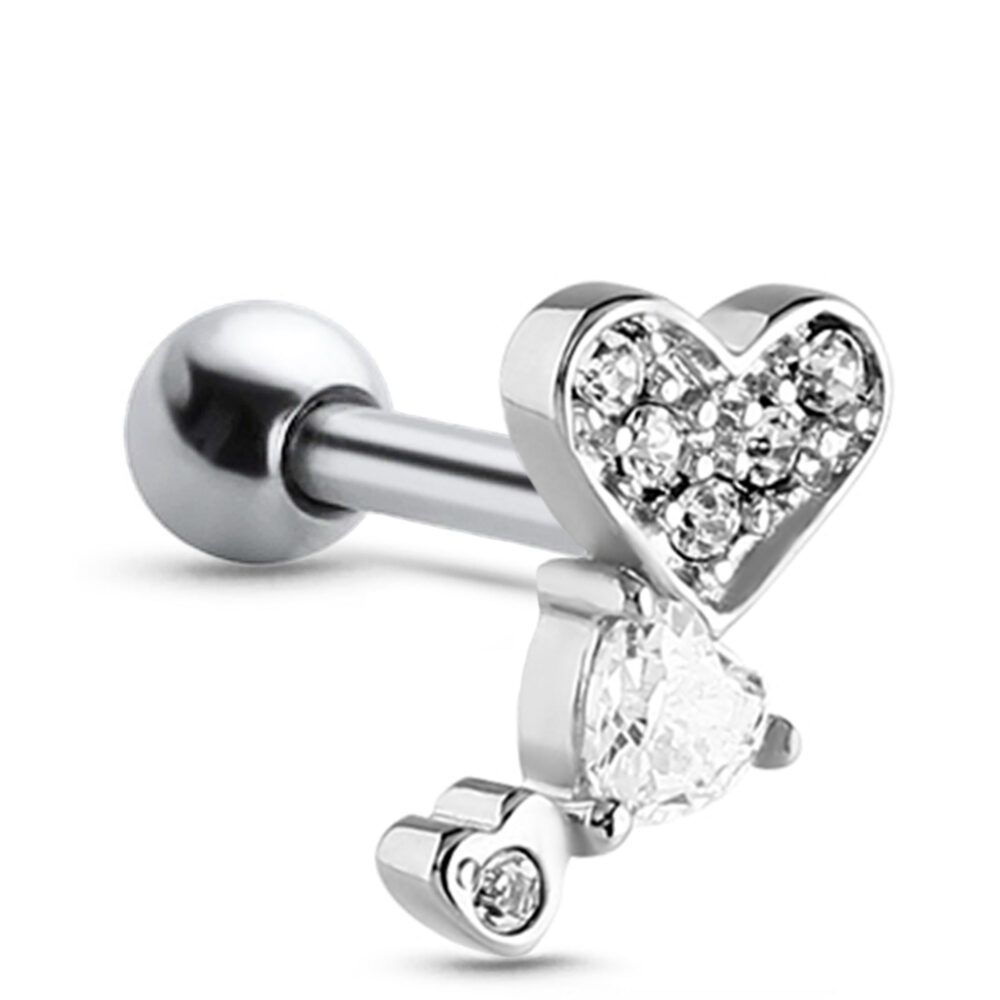 Surgical Steel Cartilage Stud featuring a Triple Heart Design, one that's Studded, one that's a heart shaped stone, and one that has a single center stone
