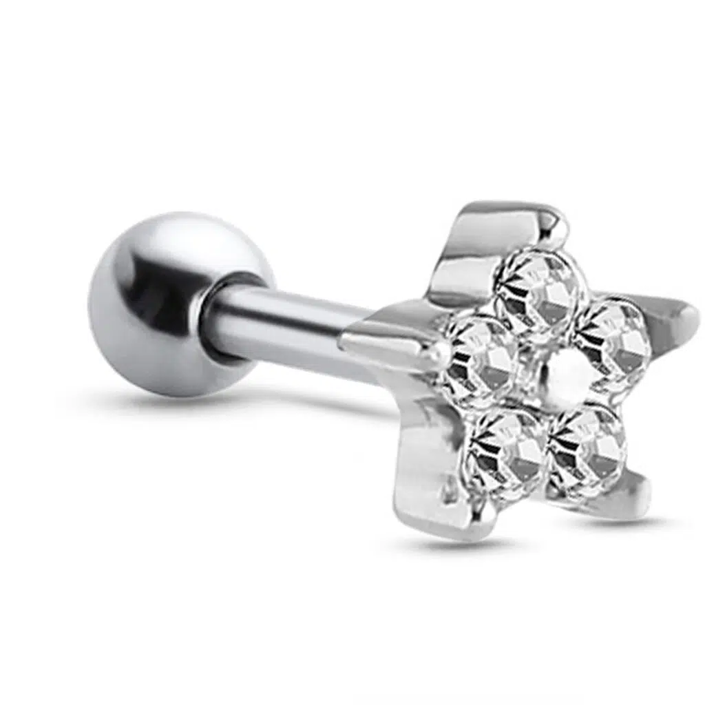 surgical steel ear cartilage stud featuring a flower design with clear stones