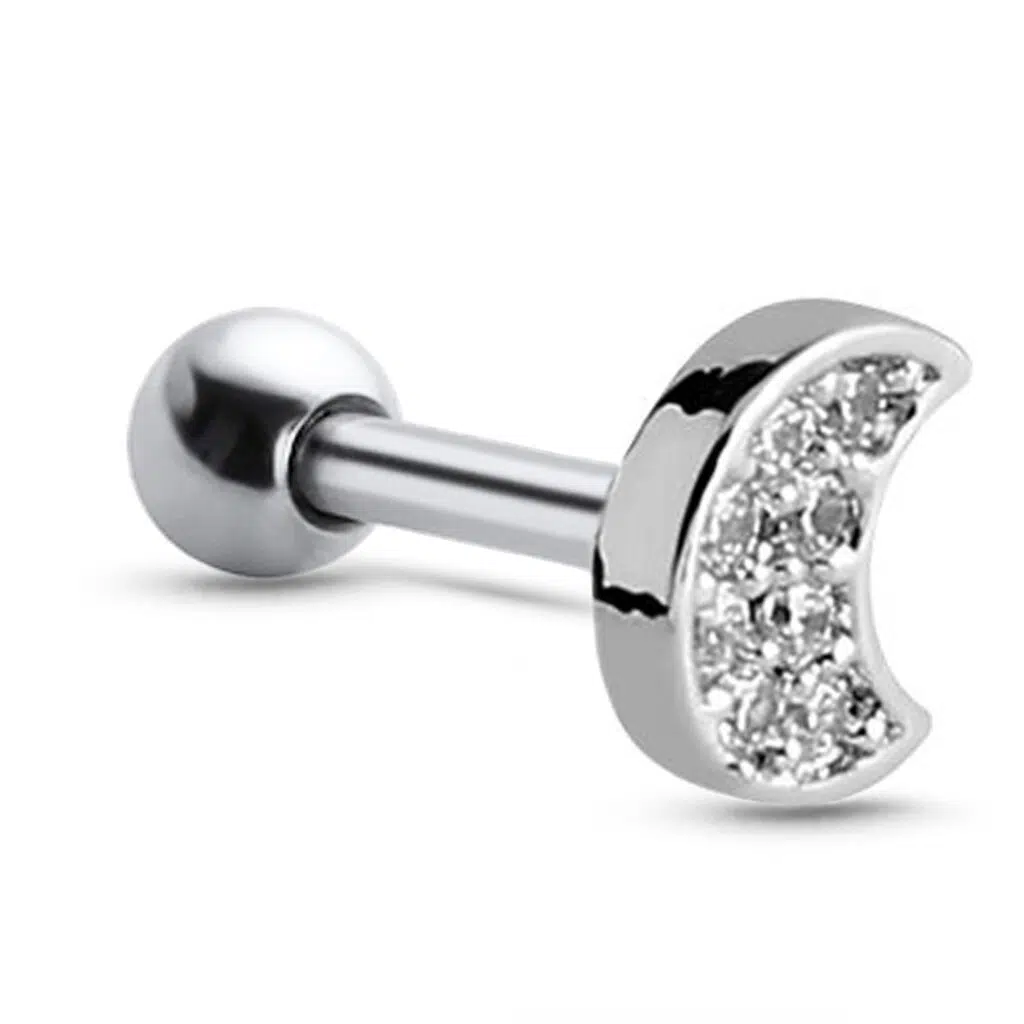 surgical steel ear cartilage stud featuring a Moon design with clear stones