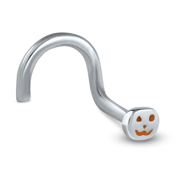 surgical steel right nostril screw nose stud featuring a pumpkin design