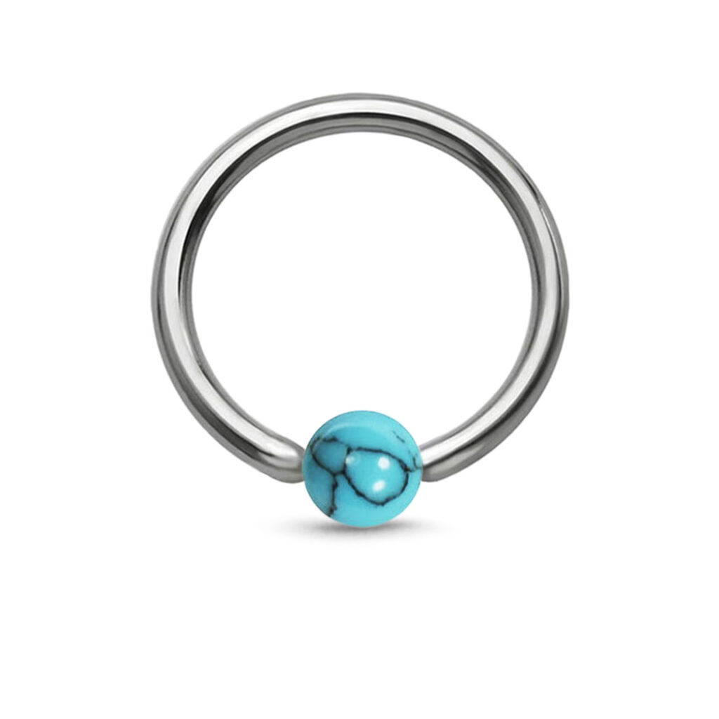 surgical steel captive hoop with a 3.2mm turquoise bead with black lines