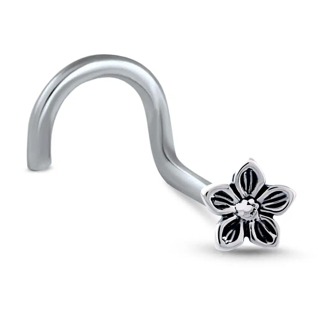 surgical steel Right Nose Screw stud featuring a Antique Heirloom Flower design with a Clear Stone