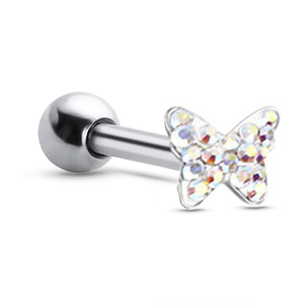 surgical steel ear cartilage stud featuring a butterfly design with aurora stones