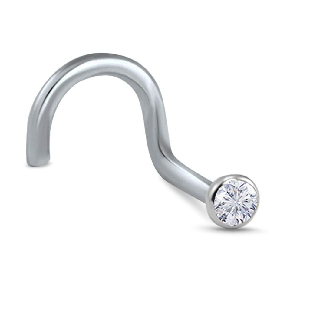 surgical steel right nostril screw nose stud featuring a 2mm bezel set clear stone