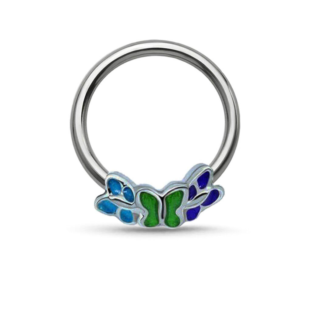 surgical steel captive hoop with a center triple butterfly charm