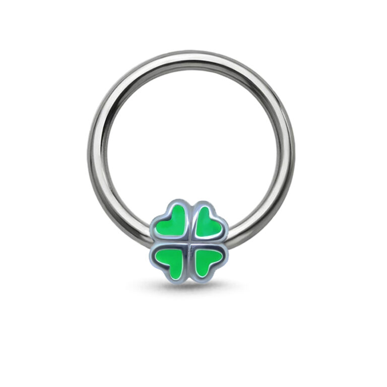 surgical steel captive hoop with a center four leaf clover charm