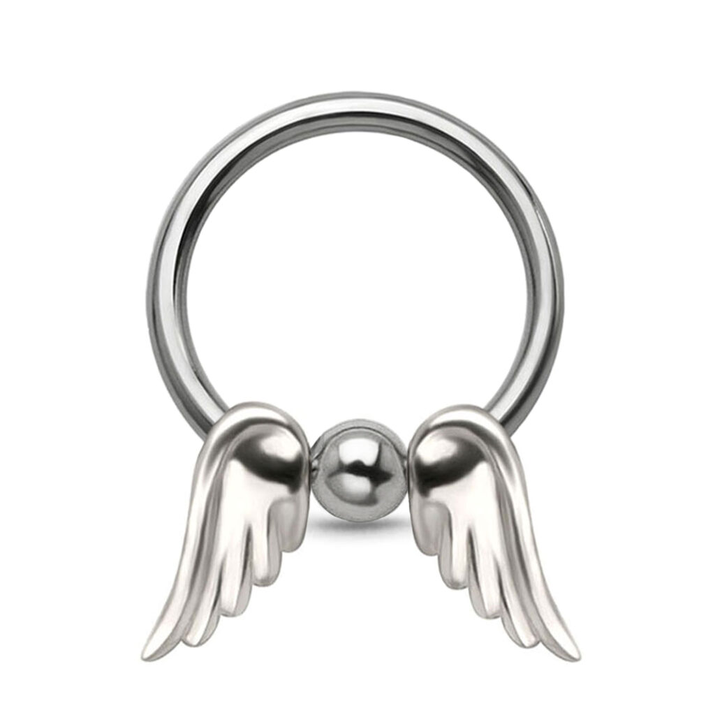 surgical steel captive bead hoop with an angel wing charm