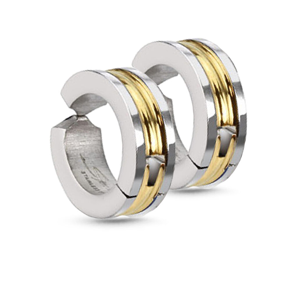 Surgical Steel clip on earrings featuring a Yellow Gold center line design
