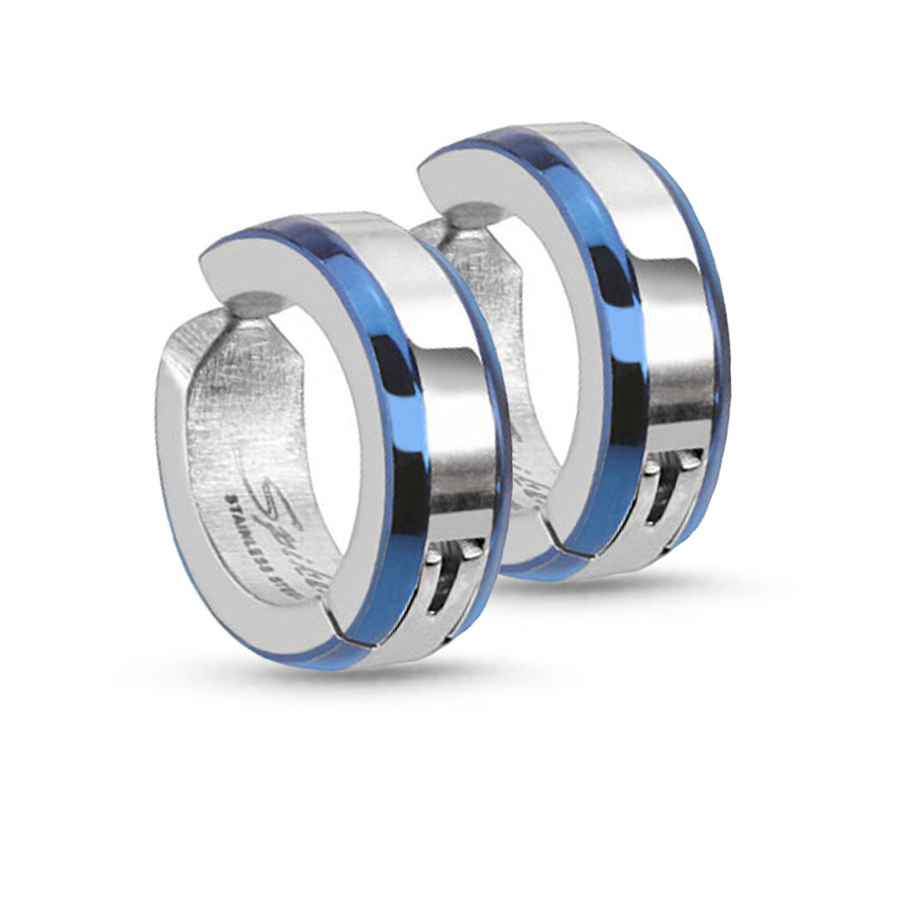 Surgical steel clip on Earrings Blue off-center lines