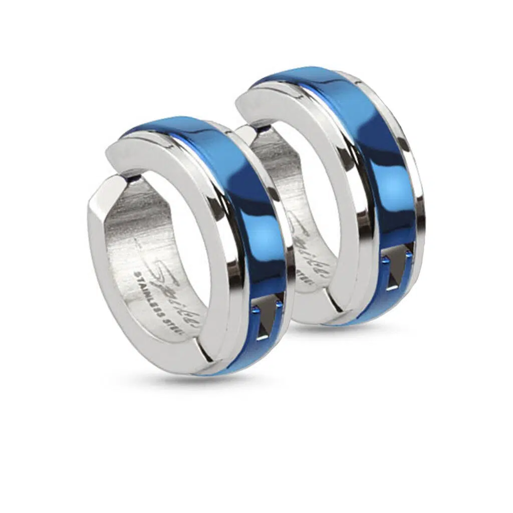 Surgical Steel clip on earrings featuring a blue center line design