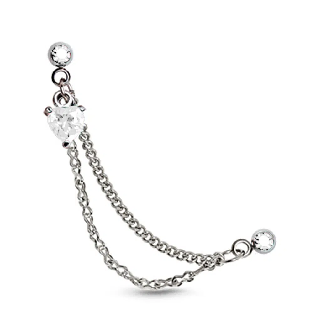 surgical steel ear cartilage and earring with a chain, featuring an Dangling Clear Heart