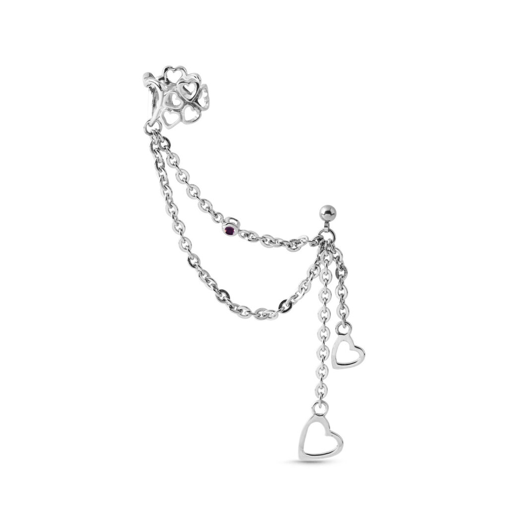 surgical steel ear cartilage cuff earring with a connecting chain and double heart dangle charms