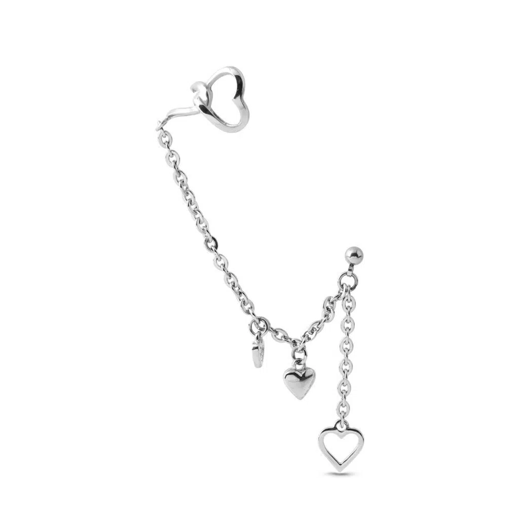 surgical steel ear cartilage cuff earring with a connecting chain and heart dangle charm