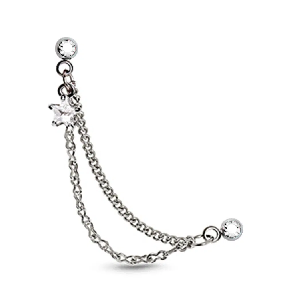 surgical steel ear cartilage and earring with a chain, featuring an Dangling Clear Star